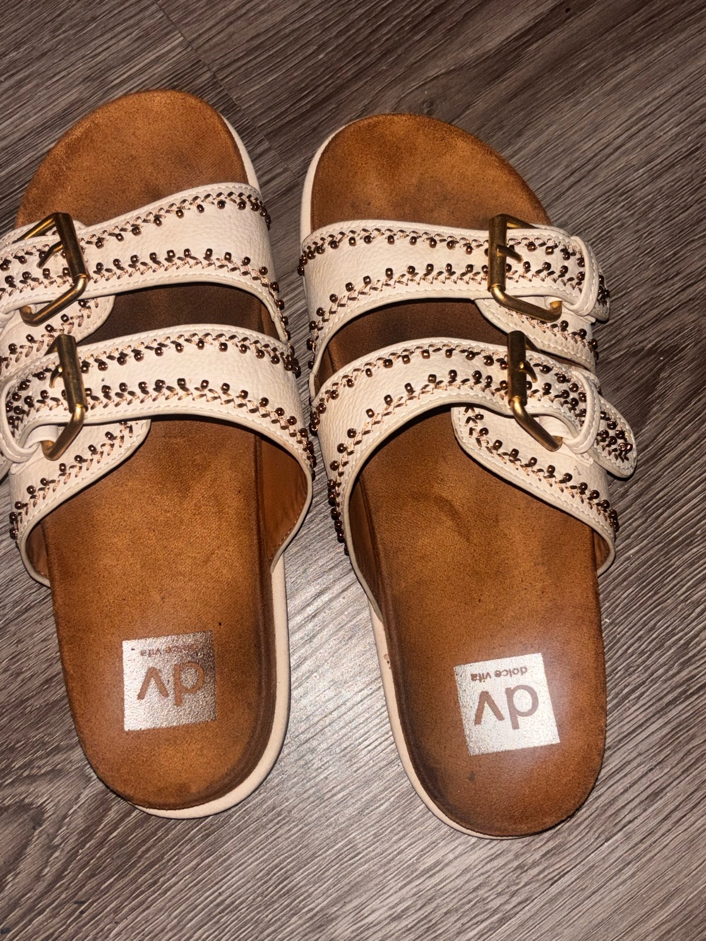 DV by Dolce Vita Phlume Cream Double-Buckle Studded Slide Sandals